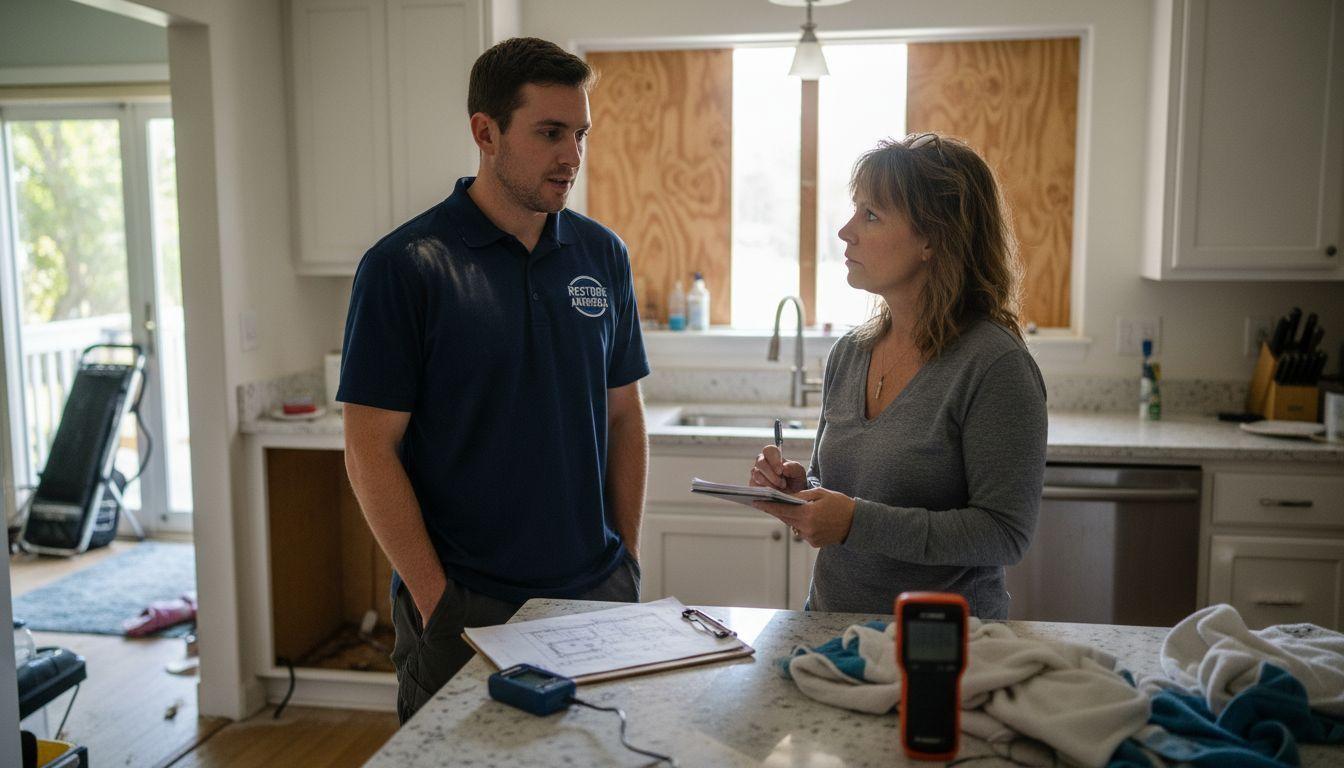 Water restoration professional discussing damage with a homeowner