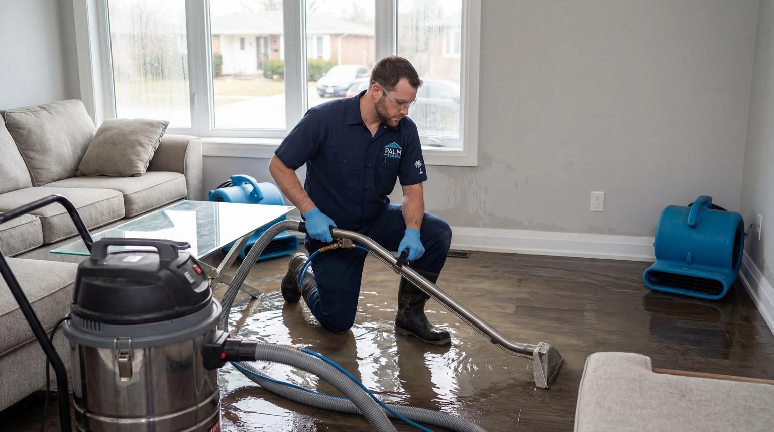 Water damage restoration technician assessing a flooded living room