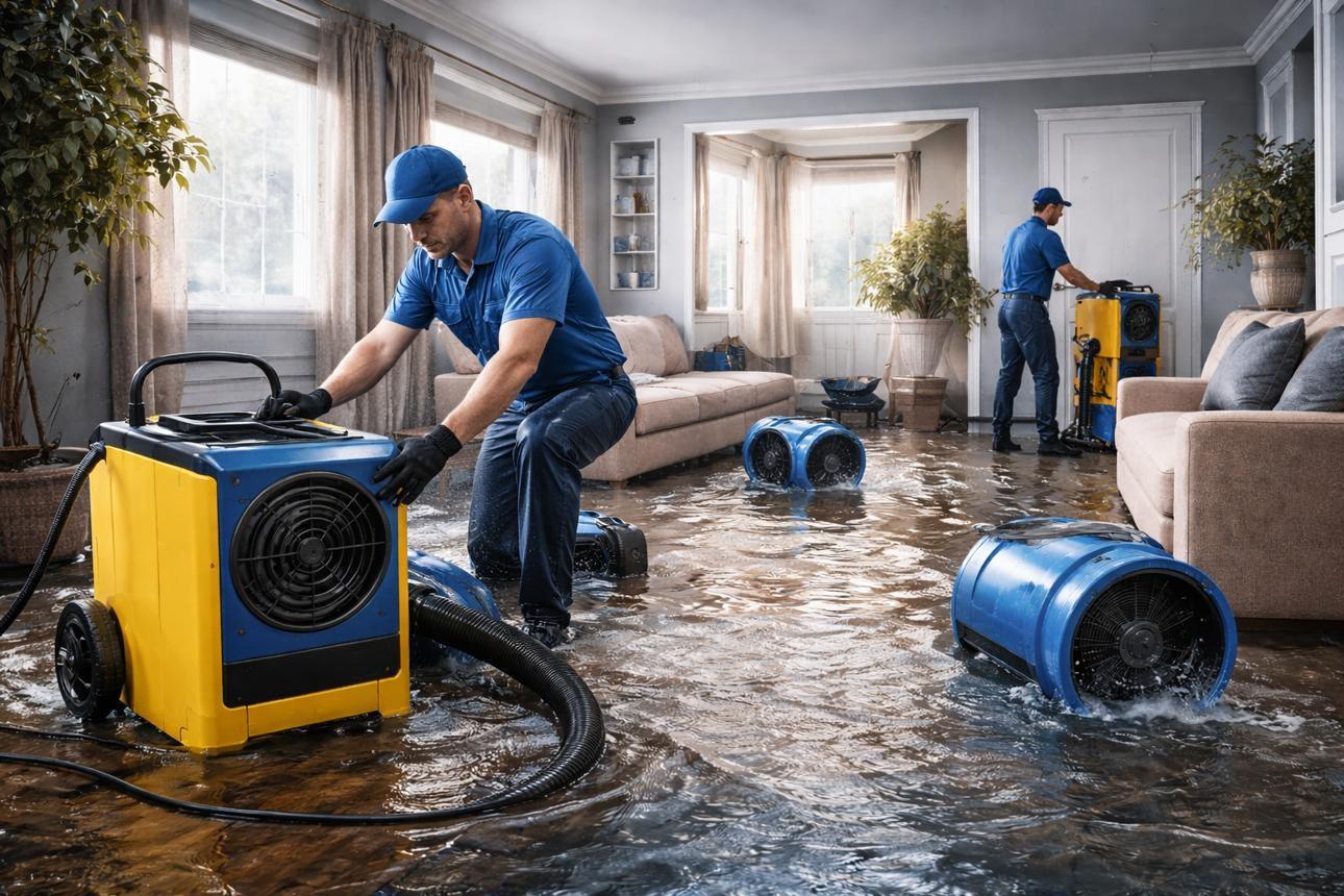 Air movers and dehumidifiers drying a room
